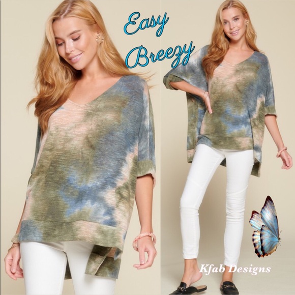 Tops - ❤️LAST! V Neck Tie Dye 3/4 Length Sleeve Hi Lo Top